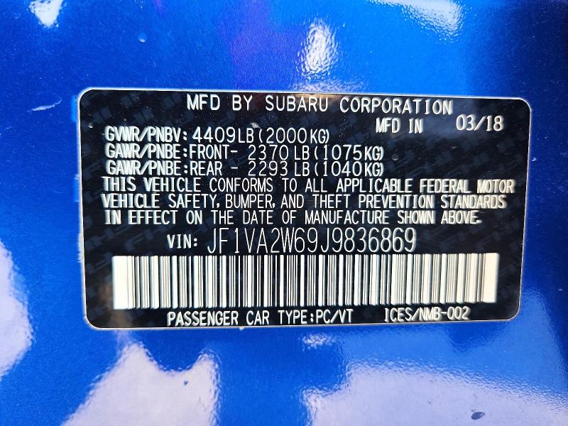 Aukcja sprzedaży 2018 Subaru Wrx, vin: JF1VA2W69J9836869, numer aukcji: 63771166