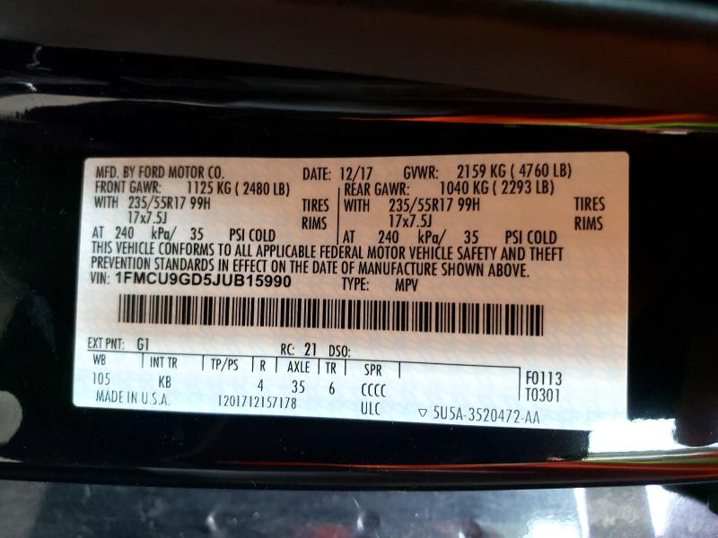 64497826 :رقم المزاد ، 1FMCU9GD5JUB15990 vin ، 2018 Ford Escape مزاد بيع