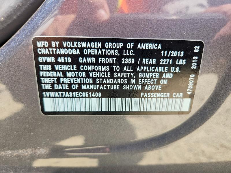 Продаж на аукціоні авто 2014 Volkswagen Passat, vin: 1VWAT7A31EC051409, номер лоту: 63764776