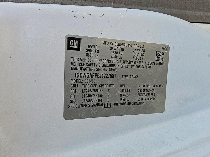 Aukcja sprzedaży 2018 Chevrolet Express G2500, vin: 1GCWGAFP5J1227681, numer aukcji: 66017476