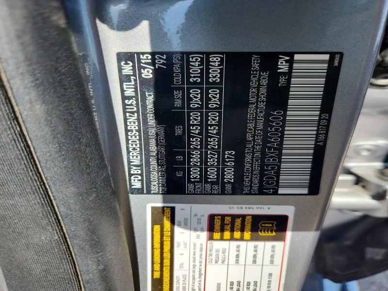 64742076 :رقم المزاد ، 4JGDA5JBXFA605606 vin ، 2015 Mercedes-benz Ml مزاد بيع