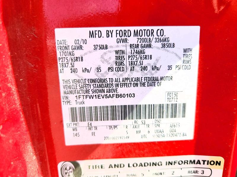 2010 Ford F150 მანქანა იყიდება აუქციონზე, vin: 1FTFW1EV5AFB60103, აუქციონის ნომერი: 65830126