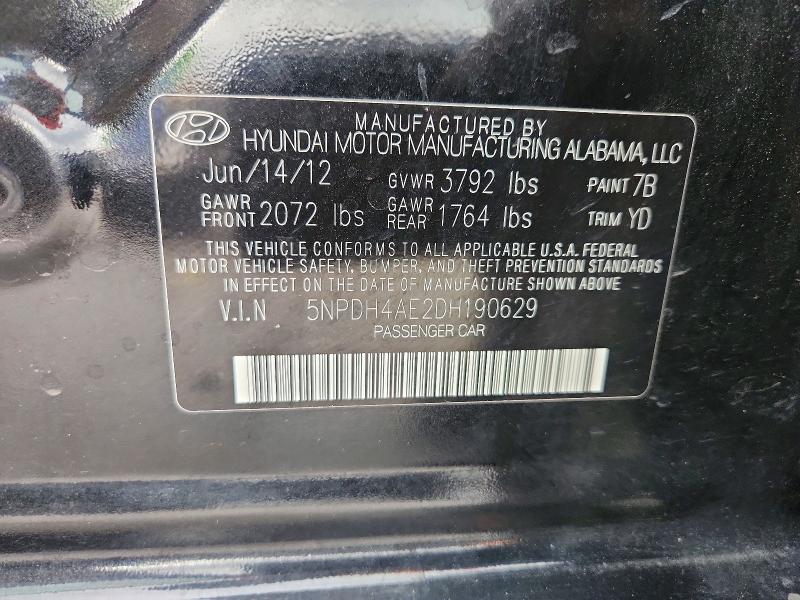 66987876 :رقم المزاد ، 5NPDH4AE2DH190629 vin ، 2013 Hyundai Elantra مزاد بيع