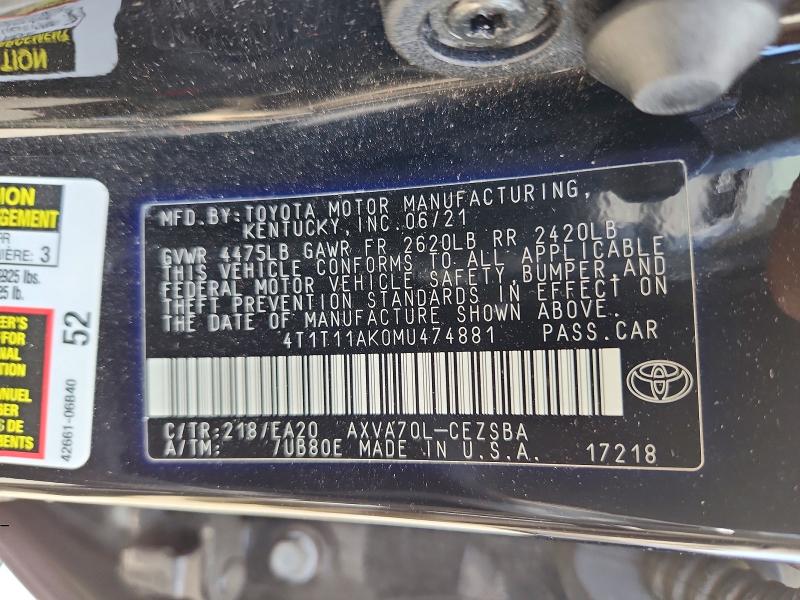 2021 Toyota Camry მანქანა იყიდება აუქციონზე, vin: 4T1T11AK0MU474881, აუქციონის ნომერი: 63005746