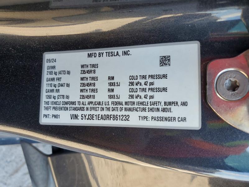 65508686 :رقم المزاد ، 5YJ3E1EA0RF861232 vin ، 2024 Tesla Model 3 مزاد بيع