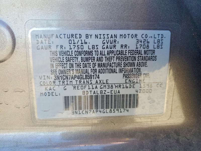 Продаж на аукціоні авто 2016 Nissan Versa, vin: 3N1CN7AP4GL859174, номер лоту: 66405646
