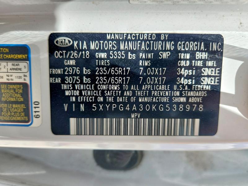 64442416 :رقم المزاد ، 5XYPG4A30KG538978 vin ، 2019 Kia Sorento مزاد بيع