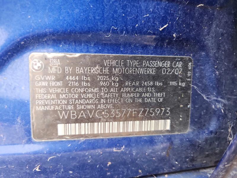 2007 Bmw 328 მანქანა იყიდება აუქციონზე, vin: WBAVC53577FZ75973, აუქციონის ნომერი: 63528436