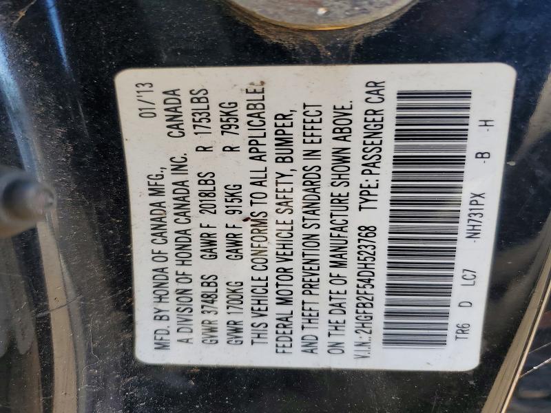 66187036 :رقم المزاد ، 2HGFB2F54DH523768 vin ، 2013 Honda Civic مزاد بيع