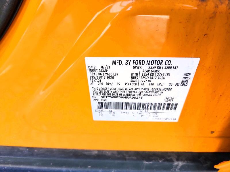 2022 Ford Maverick მანქანა იყიდება აუქციონზე, vin: 3FTTW8E39NRA00275, აუქციონის ნომერი: 66580356