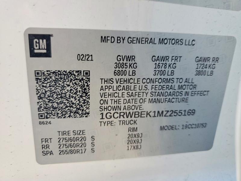 64949516 :رقم المزاد ، 1GCRWBEK1MZ255169 vin ، 2021 Chevrolet Silverado مزاد بيع