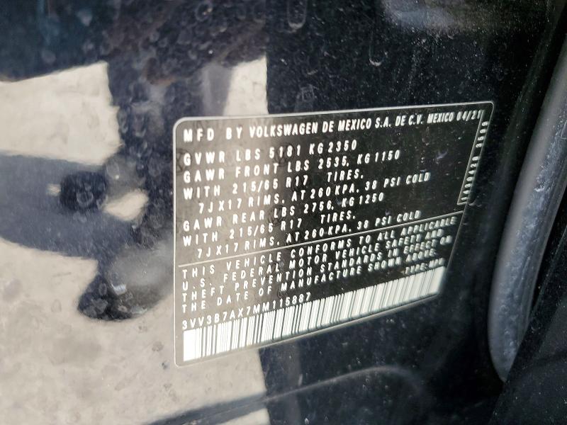 Aukcja sprzedaży 2021 Volkswagen Tiguan, vin: 3VV3B7AX7MM115887, numer aukcji: 65694536