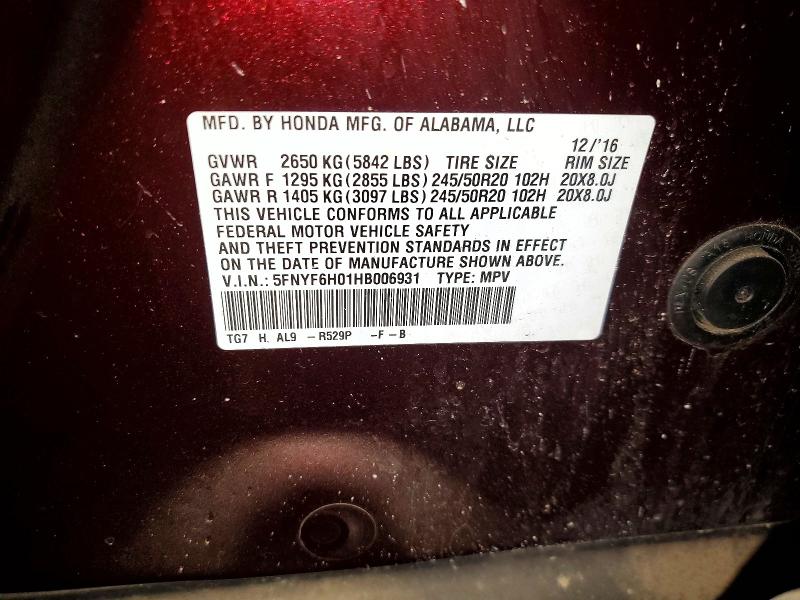 Продаж на аукціоні авто 2017 Honda Pilot, vin: 5FNYF6H01HB006931, номер лоту: 63106216