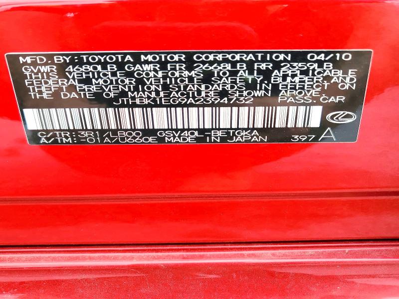 63145486 :رقم المزاد ، JTHBK1EG9A2394732 vin ، 2010 Lexus Es مزاد بيع