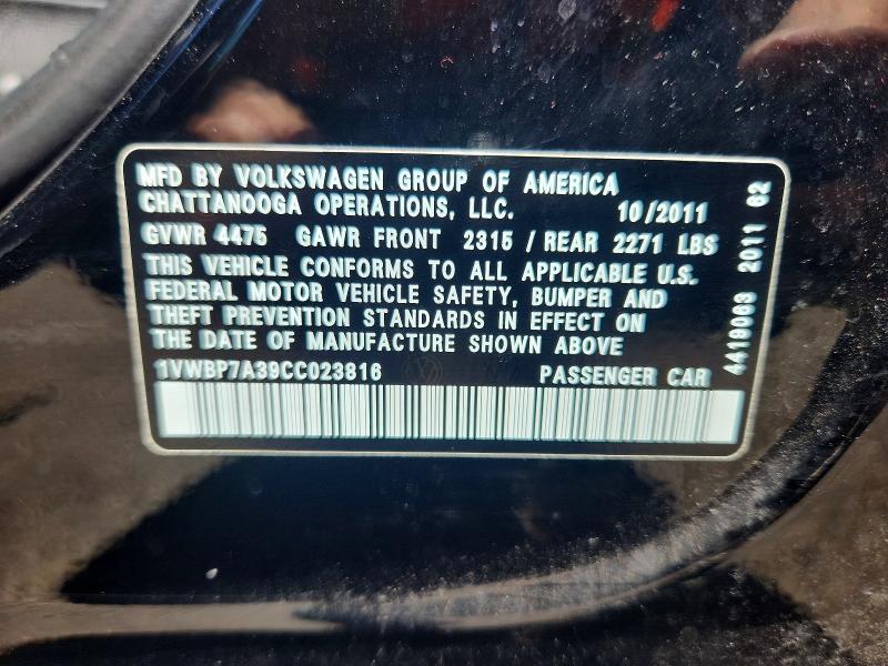 66531816 :رقم المزاد ، 1VWBP7A39CC023816 vin ، 2012 Volkswagen Passat مزاد بيع