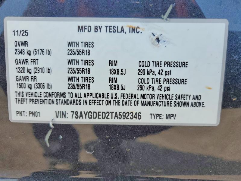 2026 Tesla Model Y მანქანა იყიდება აუქციონზე, vin: 7SAYGDED2TA592346, აუქციონის ნომერი: 64622196