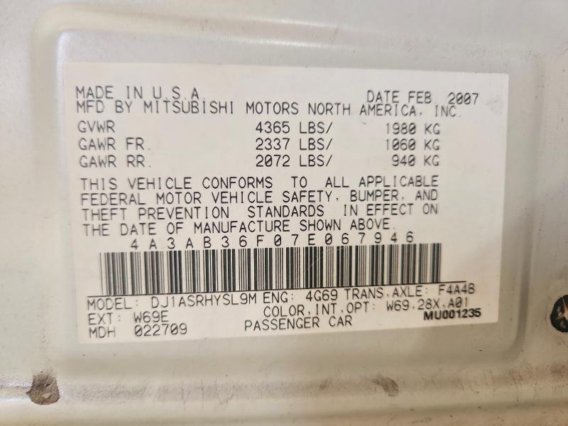 Продажа на аукционе авто 2007 Mitsubishi Galant, vin: 4A3AB36F07E067946, номер лота: 65957196