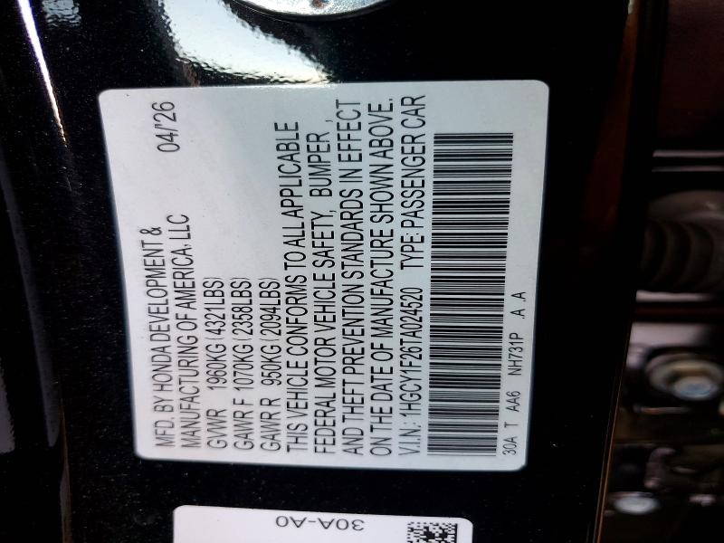 Aukcja sprzedaży 2026 Honda Accord, vin: 1HGCY1F26TA024520, numer aukcji: 66592246