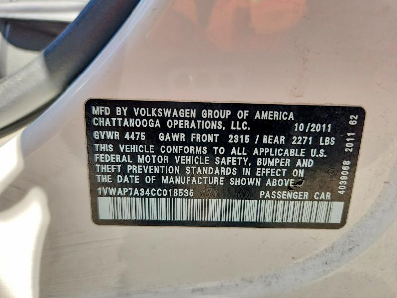 Aukcja sprzedaży 2012 Volkswagen Passat, vin: 1VWAP7A34CC018535, numer aukcji: 63450736