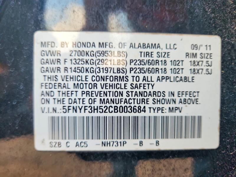 64210716 :رقم المزاد ، 5FNYF3H52CB003684 vin ، 2012 Honda Pilot مزاد بيع