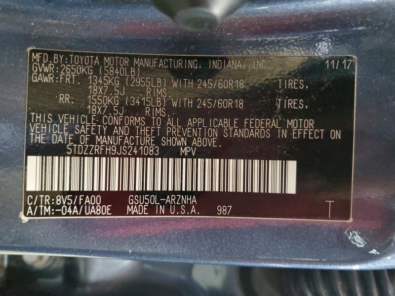 64264406 :رقم المزاد ، 5TDZZRFH9JS241083 vin ، 2018 Toyota Highlander مزاد بيع