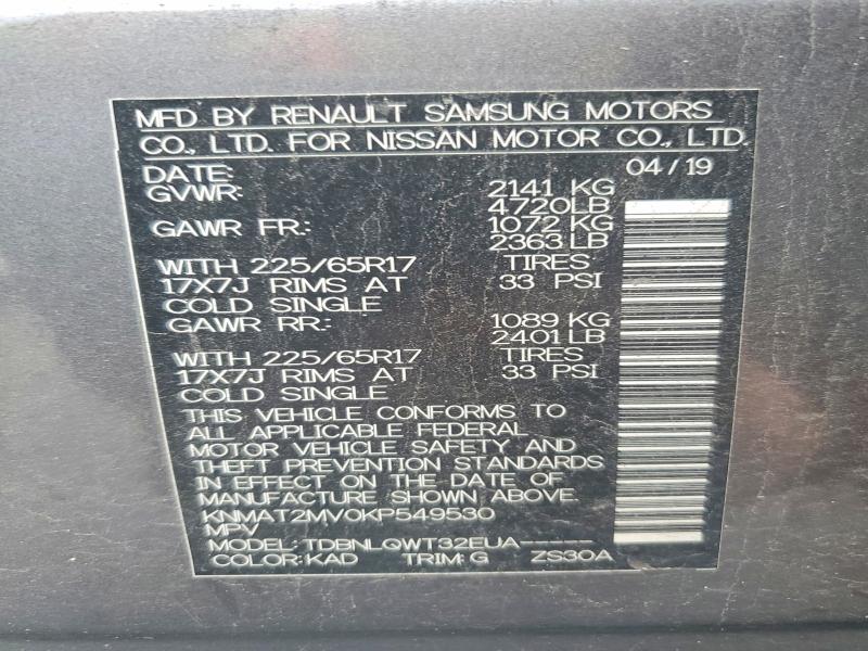 60960286 :رقم المزاد ، KNMAT2MV0KP549530 vin ، 2019 Nissan Rogue مزاد بيع