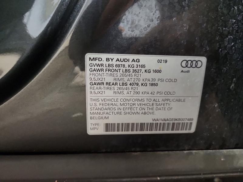 63448696 :رقم المزاد ، WA1VAAGE9KB007489 vin ، 2019 Audi E-tron مزاد بيع