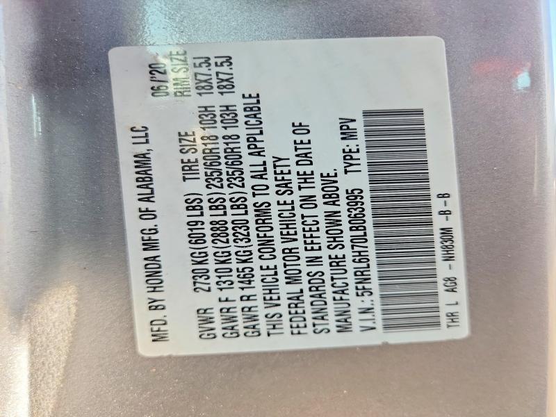66964206 :رقم المزاد ، 5FNRL6H70LB063995 vin ، 2020 Honda Odyssey مزاد بيع