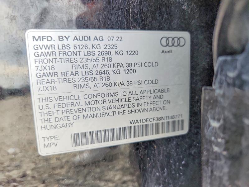 66489006 :رقم المزاد ، WA1DECF38N1148771 vin ، 2022 Audi Q3 مزاد بيع