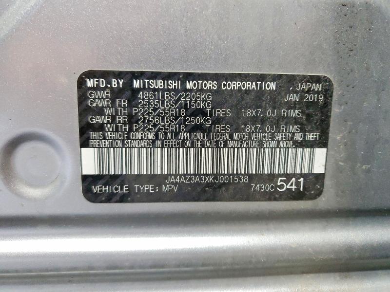 2019 Mitsubishi Outlander მანქანა იყიდება აუქციონზე, vin: JA4AZ3A3XKJ001538, აუქციონის ნომერი: 65270276