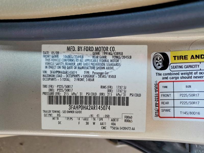 64489876 :رقم المزاد ، 3FAHP0HA2AR145074 vin ، 2010 Ford Fusion مزاد بيع