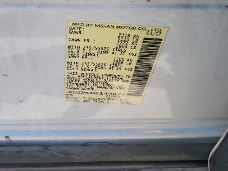 65568096 :رقم المزاد ، 5N1AZ2MG4HN149874 vin ، 2017 Nissan Murano مزاد بيع