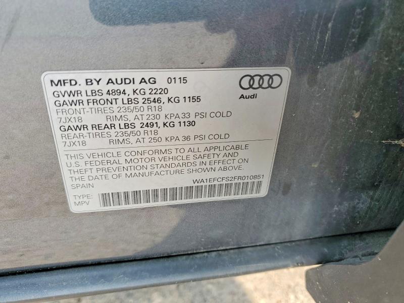 Aukcja sprzedaży 2015 Audi Q3, vin: WA1EFCFS2FR010851, numer aukcji: 63579776