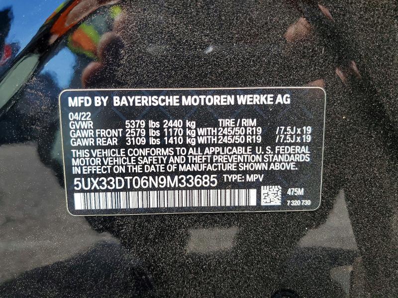 66074266 :رقم المزاد ، 5UX33DT06N9M33685 vin ، 2022 Bmw X4 مزاد بيع