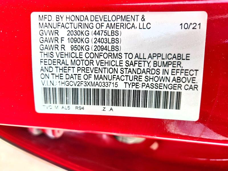 2021 Honda Accord მანქანა იყიდება აუქციონზე, vin: 1HGCV2F3XMA033715, აუქციონის ნომერი: 64433816