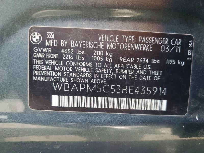 64225996 :رقم المزاد ، WBAPM5C53BE435914 vin ، 2011 Bmw 335 مزاد بيع
