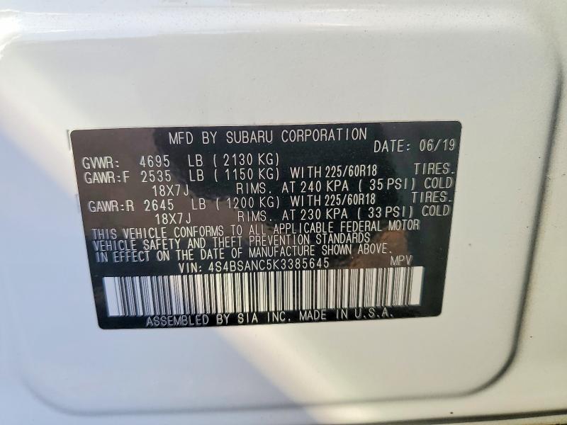63871686 :رقم المزاد ، 4S4BSANC5K3385645 vin ، 2019 Subaru Outback مزاد بيع