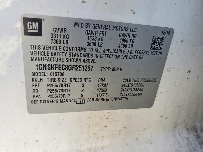 Продаж на аукціоні авто 2016 Chevrolet Tahoe, vin: 1GNSKFEC8GR251287, номер лоту: 63530326