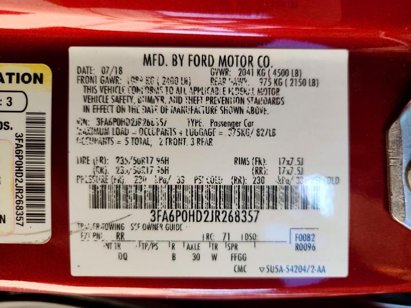 2018 Ford Fusion მანქანა იყიდება აუქციონზე, vin: 3FA6P0HD2JR268357, აუქციონის ნომერი: 64151796