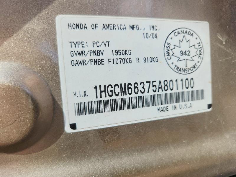 Продаж на аукціоні авто 2005 Honda Accord, vin: 1HGCM66375A801100, номер лоту: 66224656
