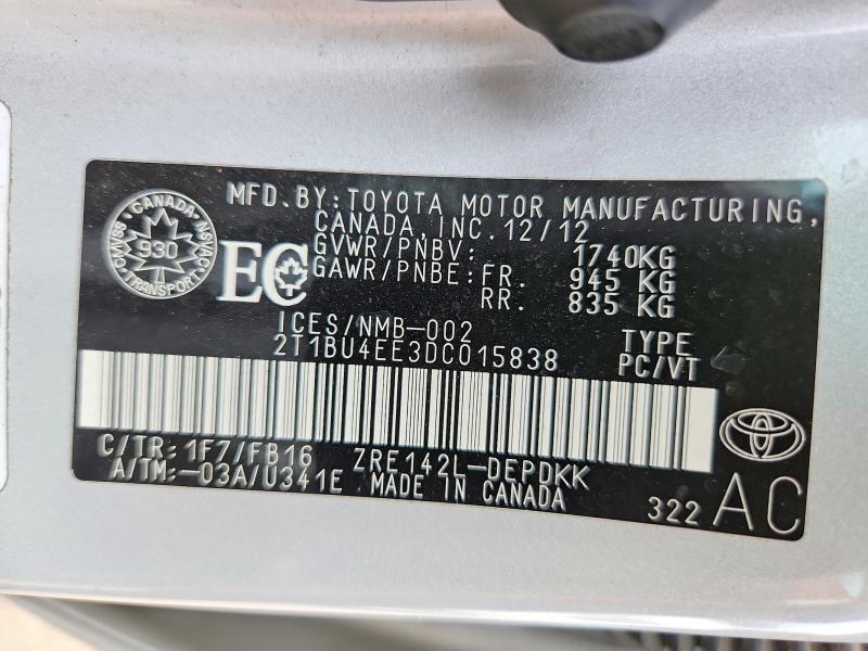2013 Toyota Corolla მანქანა იყიდება აუქციონზე, vin: 2T1BU4EE3DC015838, აუქციონის ნომერი: 65555126