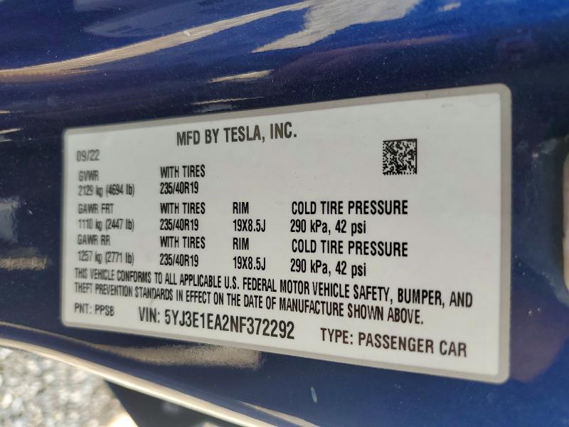 Aukcja sprzedaży 2022 Tesla Model 3, vin: 5YJ3E1EA2NF372292, numer aukcji: 66245136