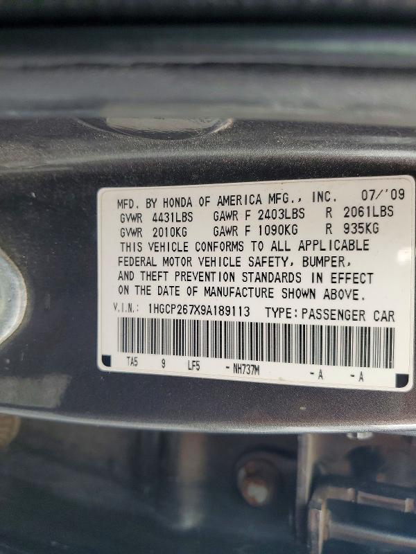 2009 Honda Accord მანქანა იყიდება აუქციონზე, vin: 1HGCP267X9A189113, აუქციონის ნომერი: 63935196