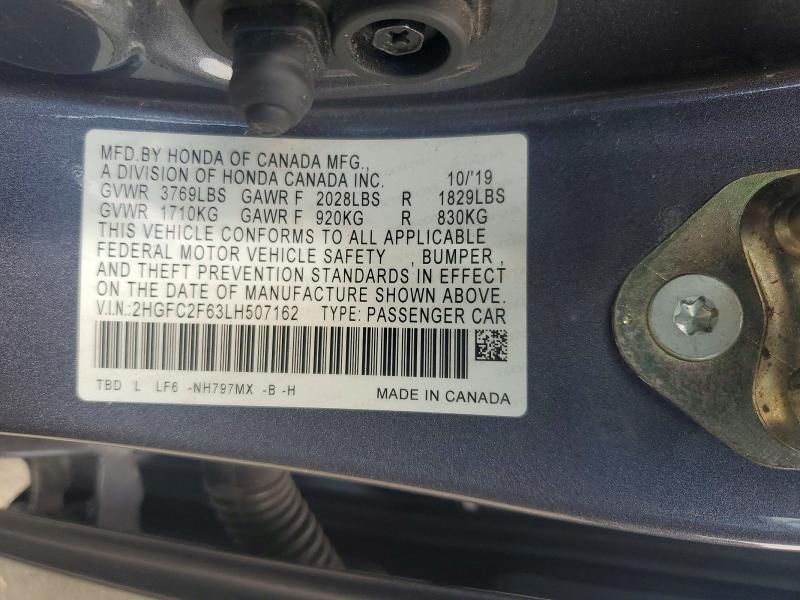 2020 Honda Civic მანქანა იყიდება აუქციონზე, vin: 2HGFC2F63LH507162, აუქციონის ნომერი: 67319556