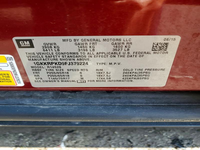 63231126 :رقم المزاد ، 1GKKRPKD9FJ379224 vin ، 2015 Gmc Acadia مزاد بيع