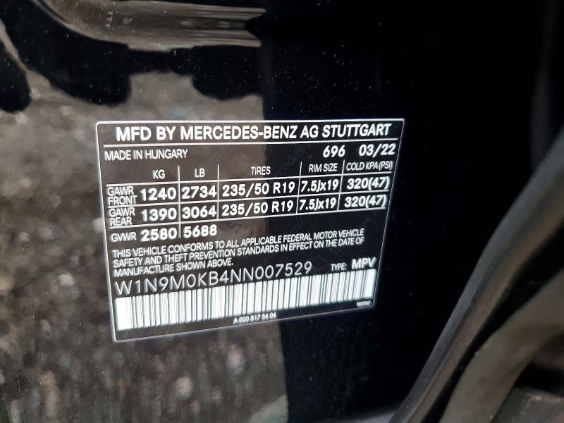 Aukcja sprzedaży 2022 Mercedes-benz Eqb, vin: W1N9M0KB4NN007529, numer aukcji: 65083996