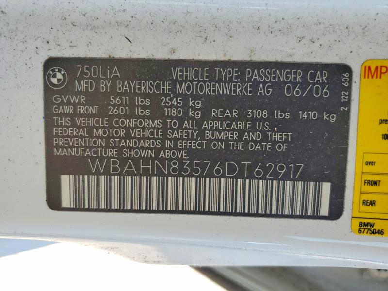 Aukcja sprzedaży 2006 Bmw 7 Series 740il, vin: WBAHN83576DT62917, numer aukcji: 64864446