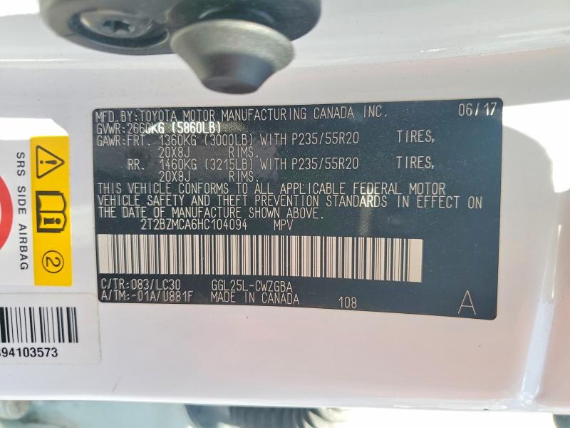 65595526 :رقم المزاد ، 2T2BZMCA6HC104094 vin ، 2017 Lexus Rx 350 مزاد بيع