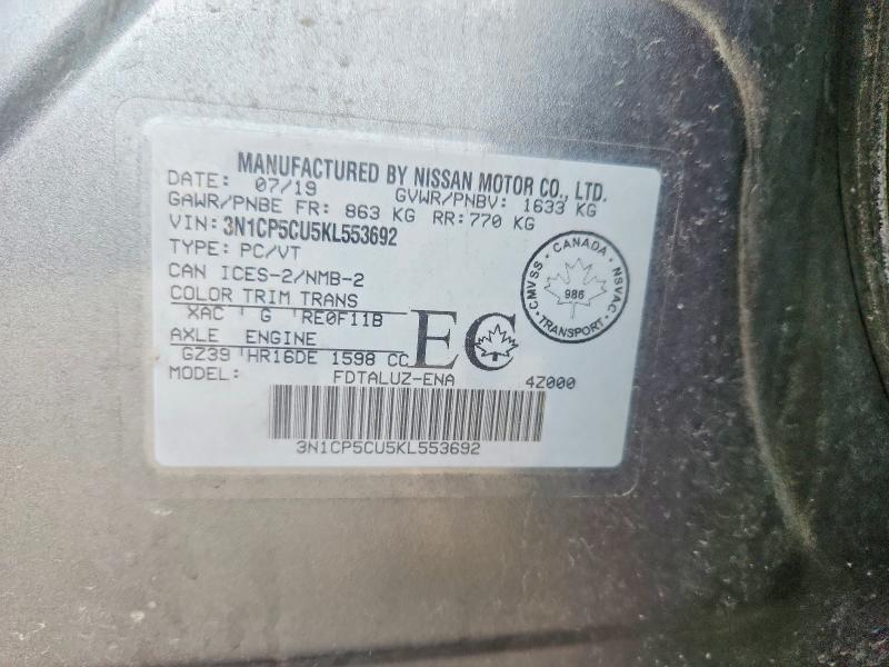 65292716 :رقم المزاد ، 3N1CP5CU5KL553692 vin ، 2019 Nissan Kicks مزاد بيع