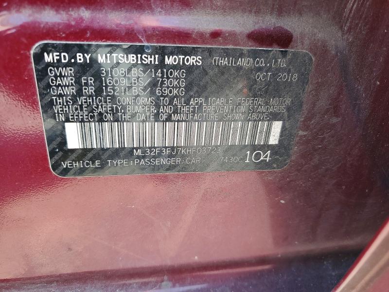 64144056 :رقم المزاد ، ML32F3FJ7KHF03723 vin ، 2019 Mitsubishi Mirage مزاد بيع